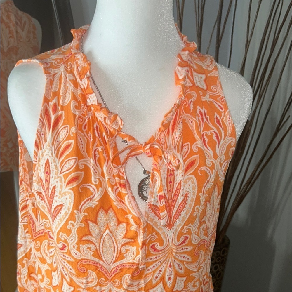 3x20 LOFT Orange and White Sleeveless Ruffled Tie Front Blouse - Picture 5 of 9